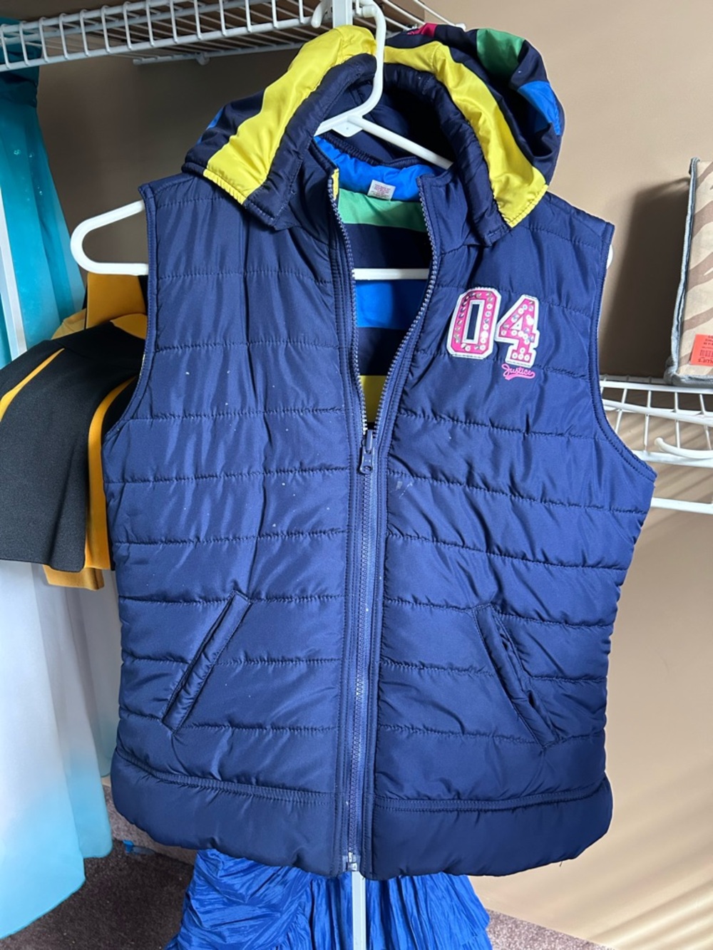 Navy Quilted Puffer Vest with Hood and Yellow Trim